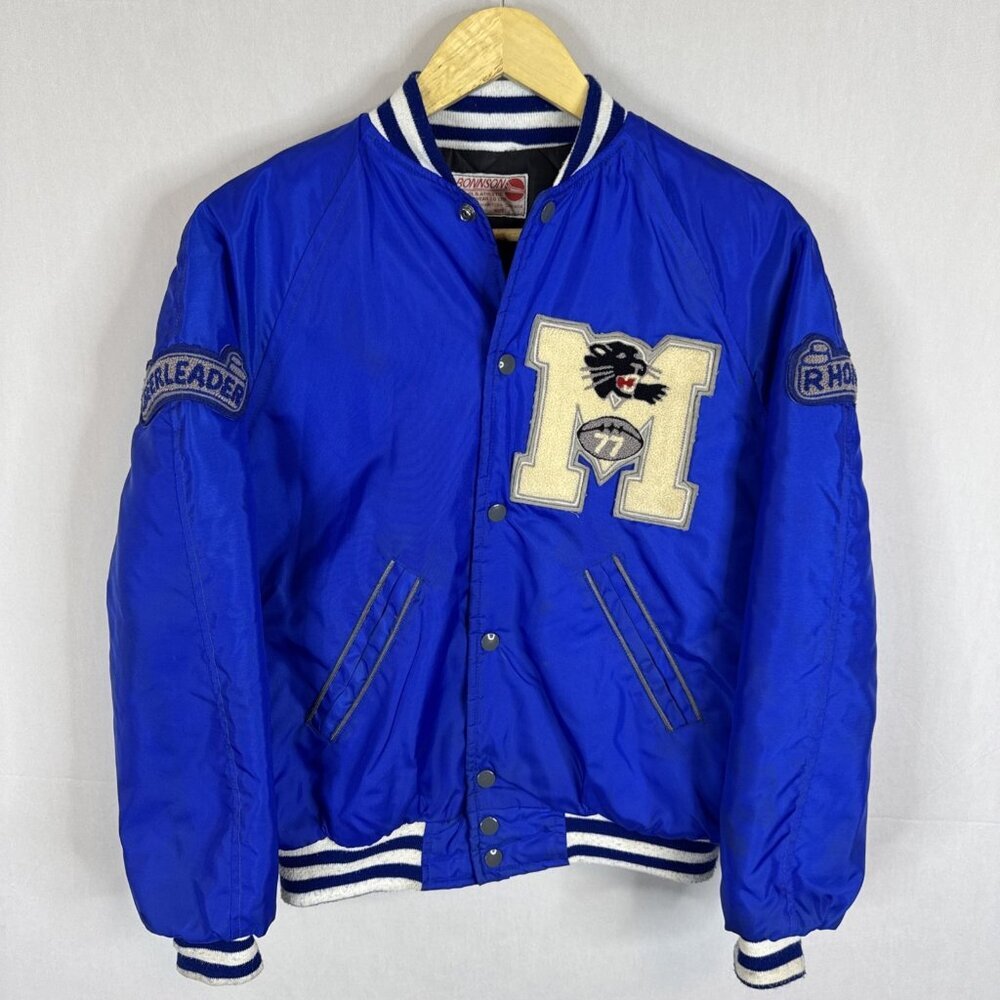 Vintage Women’s 34 Varsity Tiger Bomber Jacket Blue Satin Preppy Cheerleader 70s